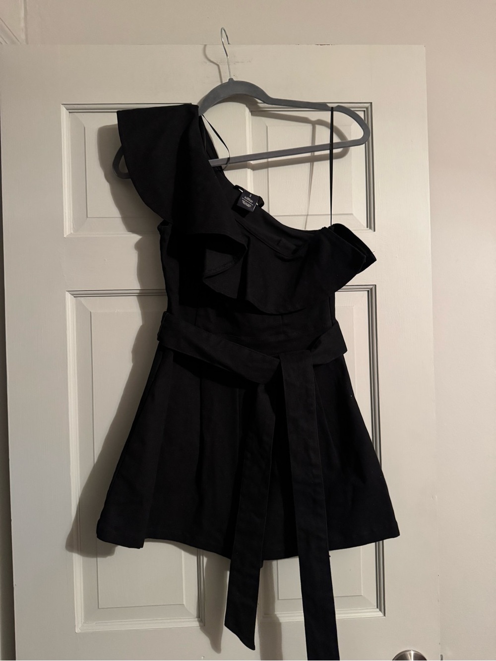Flying Tomato Black One-Shoulder Ruffle Romper with Waist Tie